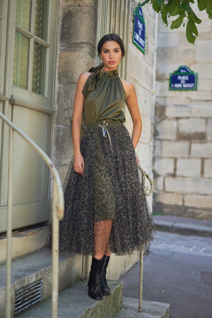 Khaki Leopard Print Tulle Skirt Choklate