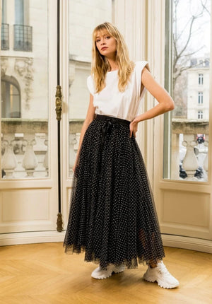 black tulle skirt with white dots