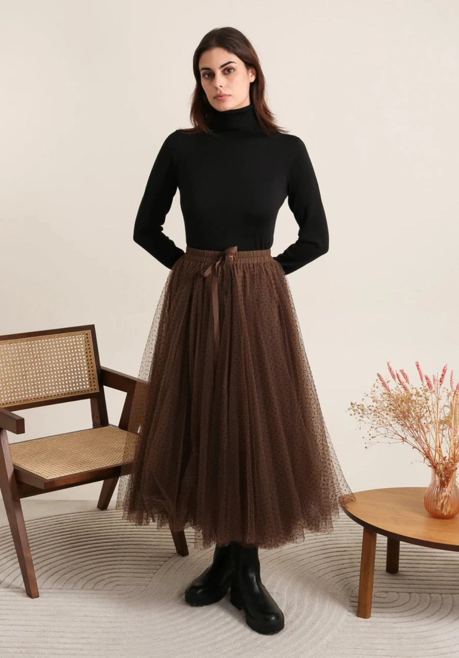 brown tulle skirt with dots